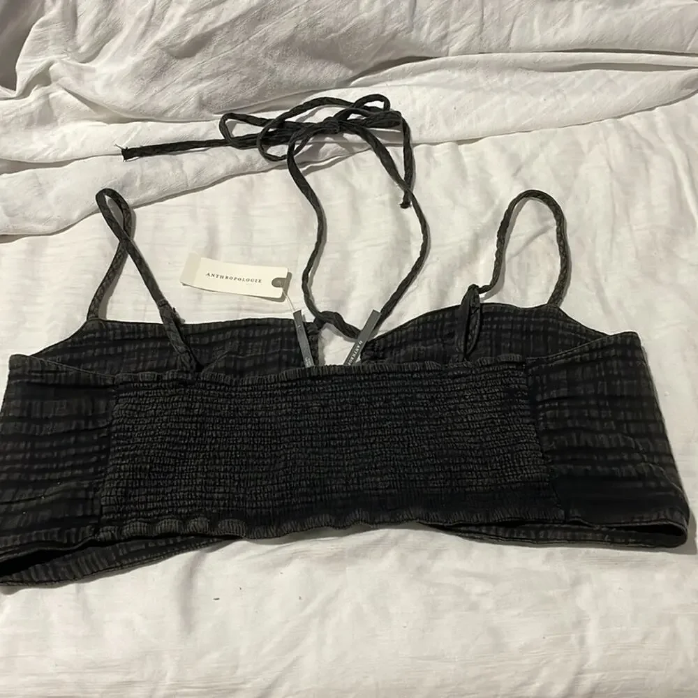 Anthropologie L grey black gauzy bandeu top straps elastic back NWT